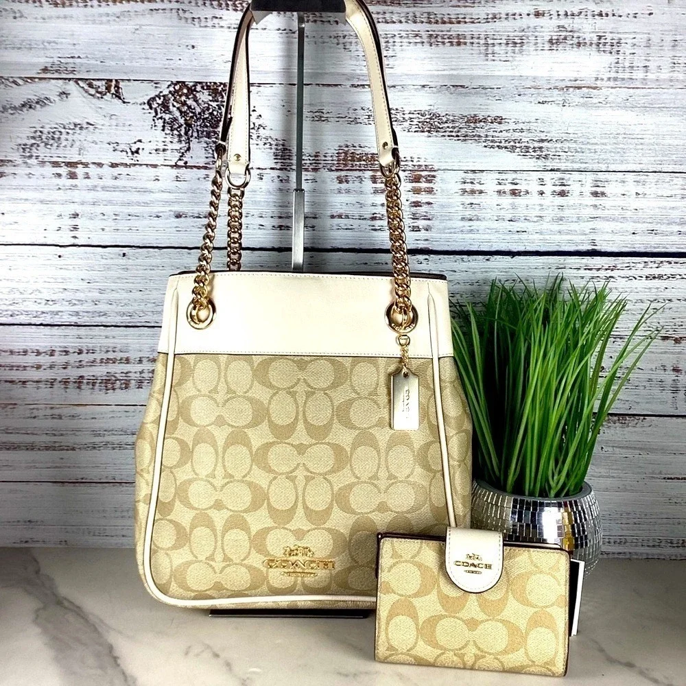 Coach Cammie Chain Bucket Signature‎ Khaki Chalk Shoulder Bag Wallet Set Purse - Picture 3 of 15